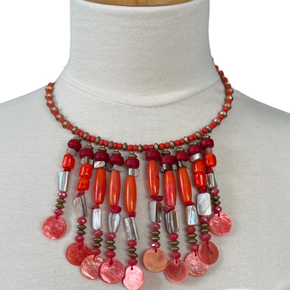 Necklace Handmade Artisan Beaded Coral Orange Antique Silver an…
